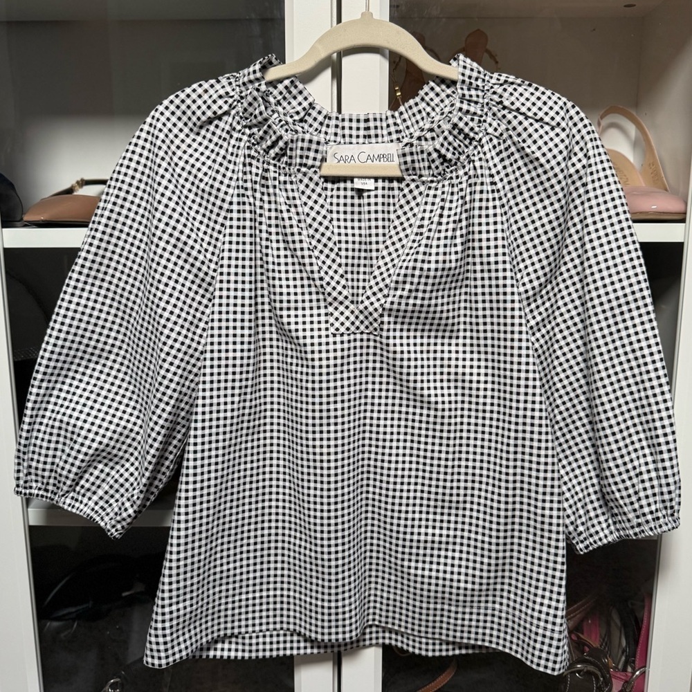 Sara Campbell Designer Black and White Monochrome Gingham Blouse Size Small